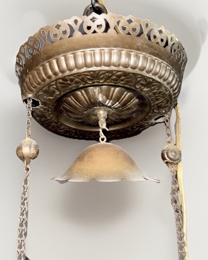 Antique Hanging Oil Lamp w/ Jeweled & Embossed Brass Frame Kerosene Burner - AntiquesEtceteraAntique Hanging Oil Lamp w/ Jeweled & Embossed Brass Frame Kerosene BurnerAntique LightingAntiquesEtceteraAntiquesEtcetera