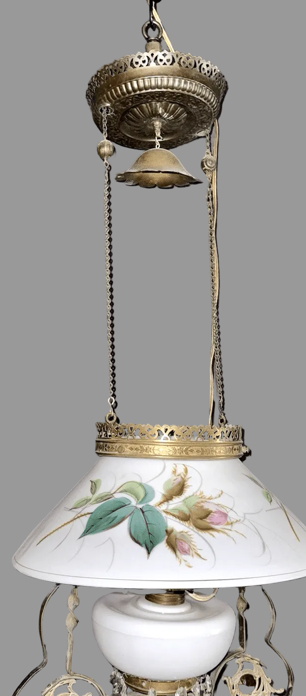 Antique Hanging Oil Lamp w/ Jeweled & Embossed Brass Frame Kerosene Burner - AntiquesEtceteraAntique Hanging Oil Lamp w/ Jeweled & Embossed Brass Frame Kerosene BurnerAntique LightingAntiquesEtceteraAntiquesEtcetera