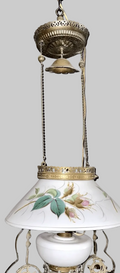 Antique Hanging Oil Lamp w/ Jeweled & Embossed Brass Frame Kerosene BurnerAntiquesEtcetera