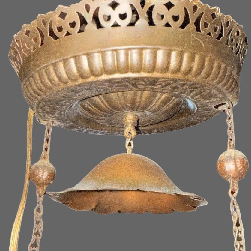 Antique Hanging Oil Lamp w/ Jeweled & Embossed Brass Frame Kerosene Burner - AntiquesEtceteraAntique Hanging Oil Lamp w/ Jeweled & Embossed Brass Frame Kerosene BurnerAntique LightingAntiquesEtceteraAntiquesEtcetera