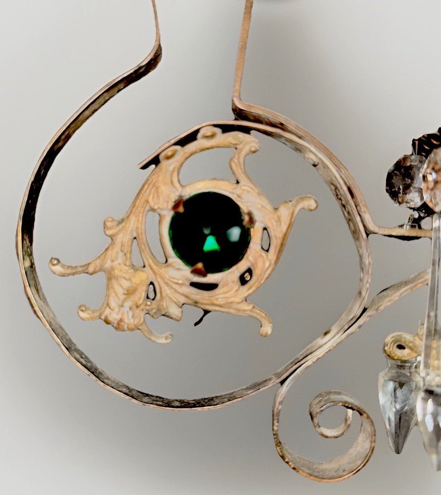 Antique Hanging Oil Lamp w/ Jeweled & Embossed Brass Frame Kerosene Burner - AntiquesEtceteraAntique Hanging Oil Lamp w/ Jeweled & Embossed Brass Frame Kerosene BurnerAntique LightingAntiquesEtceteraAntiquesEtcetera