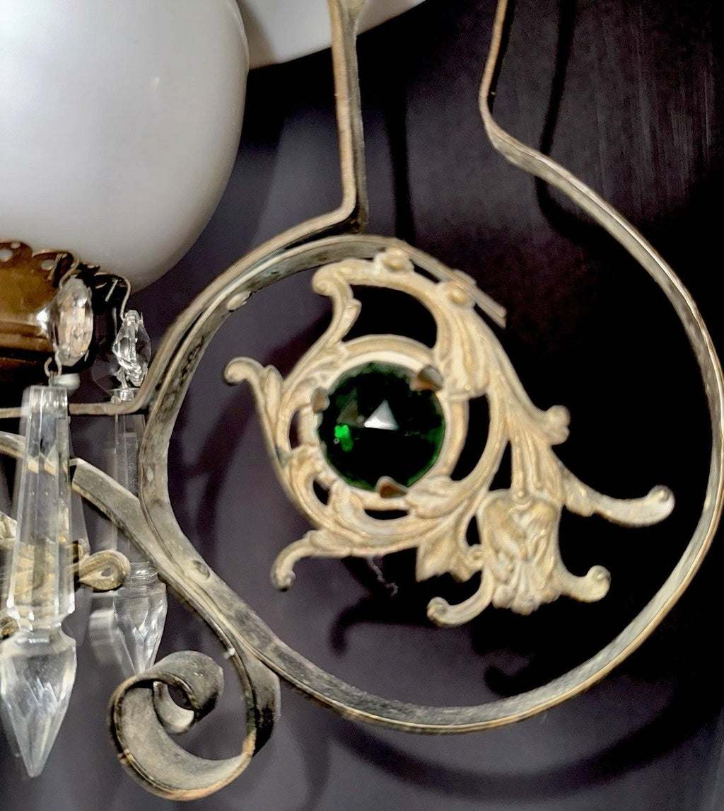 Antique Hanging Oil Lamp w/ Jeweled & Embossed Brass Frame Kerosene Burner - AntiquesEtceteraAntique Hanging Oil Lamp w/ Jeweled & Embossed Brass Frame Kerosene BurnerAntique LightingAntiquesEtceteraAntiquesEtcetera