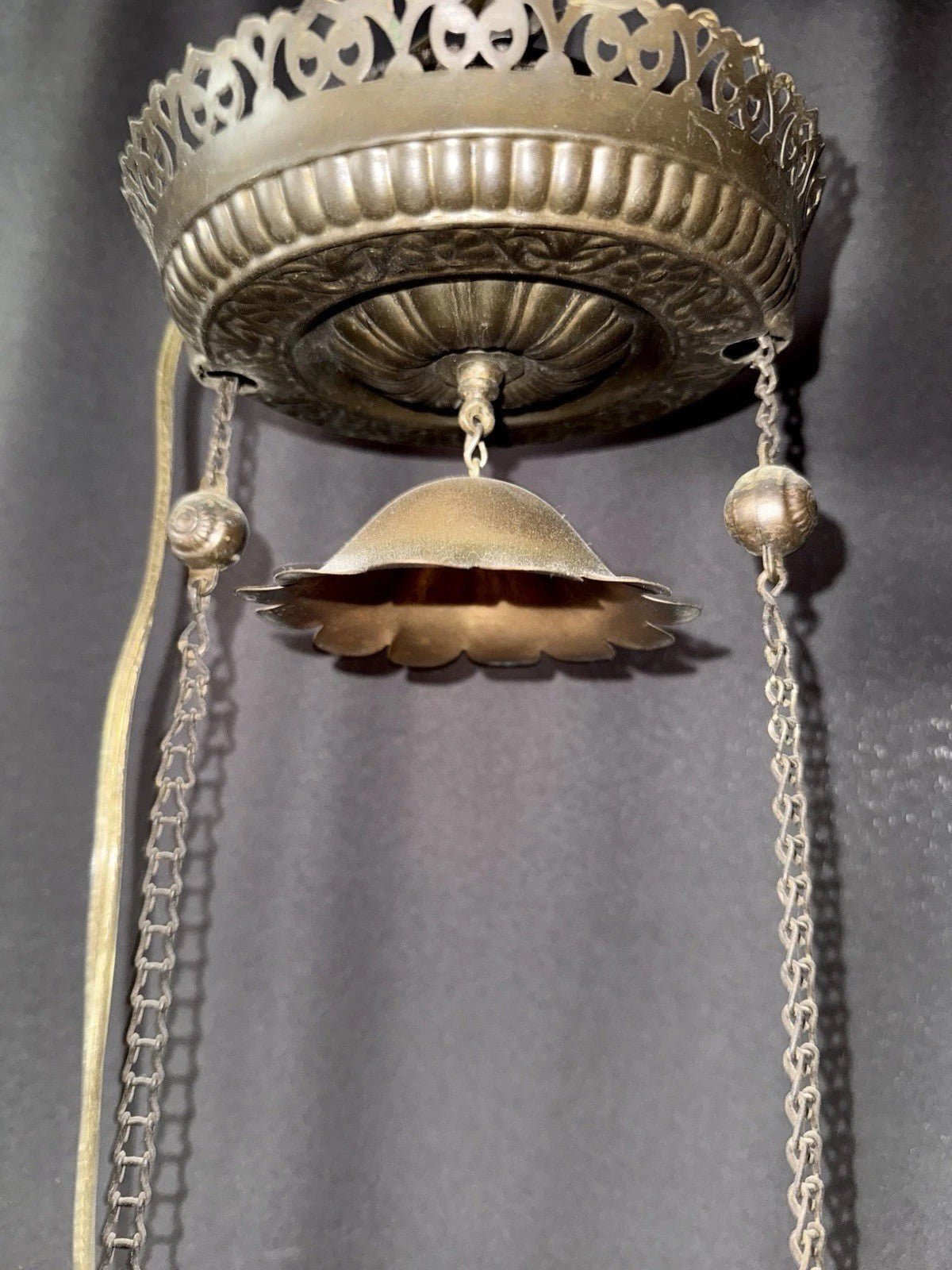 Antique Hanging Oil Lamp w/ Jeweled & Embossed Brass Frame Kerosene Burner - AntiquesEtceteraAntique Hanging Oil Lamp w/ Jeweled & Embossed Brass Frame Kerosene BurnerAntique LightingAntiquesEtceteraAntiquesEtcetera