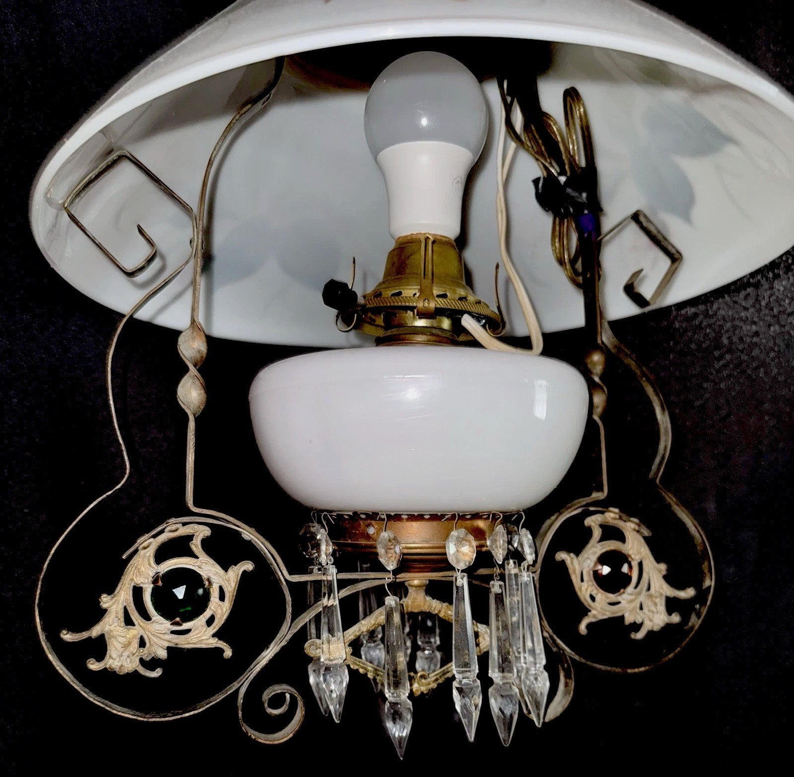 Antique Hanging Oil Lamp w/ Jeweled & Embossed Brass Frame Kerosene Burner - AntiquesEtceteraAntique Hanging Oil Lamp w/ Jeweled & Embossed Brass Frame Kerosene BurnerAntique LightingAntiquesEtceteraAntiquesEtcetera