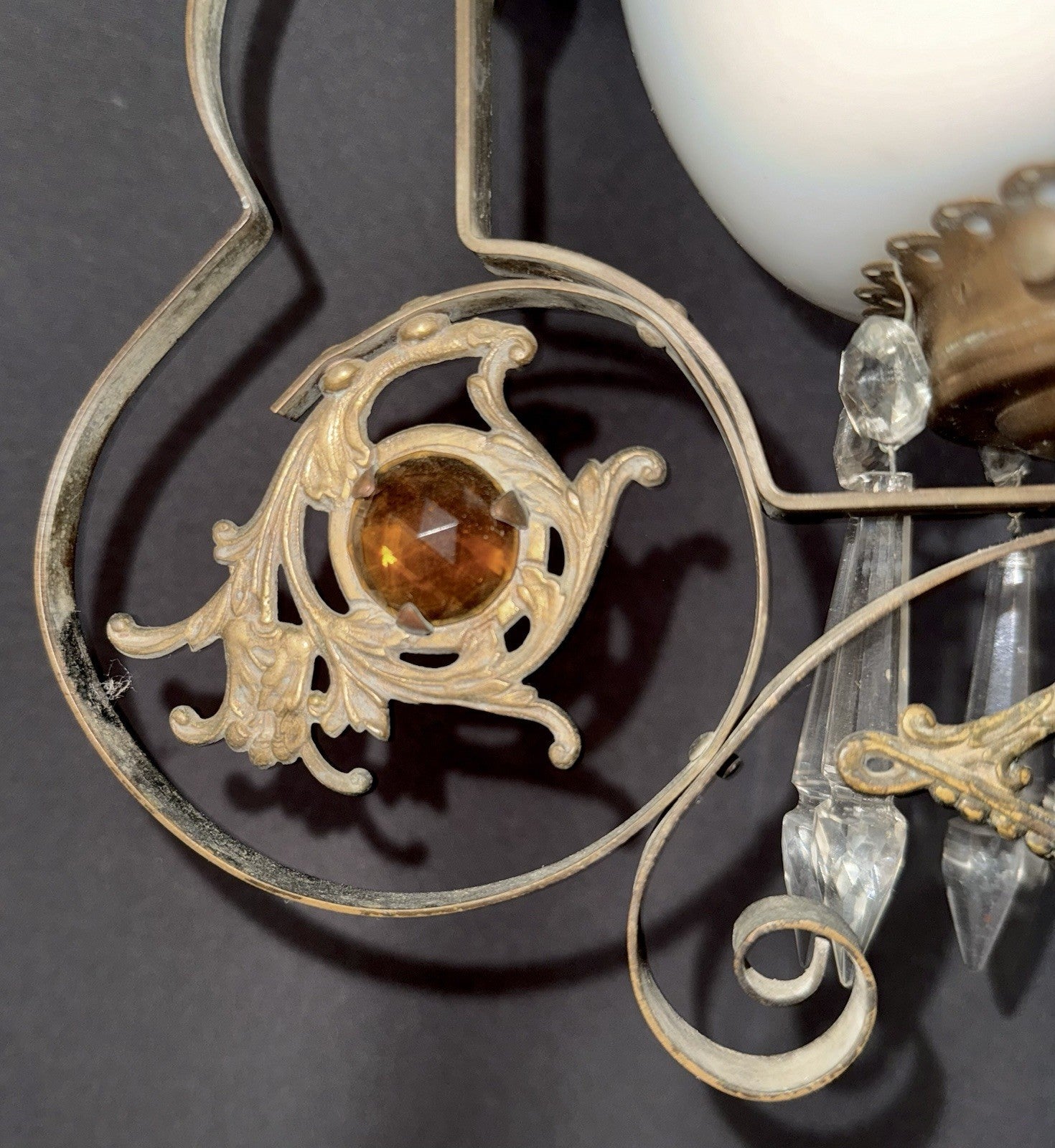 Antique Hanging Oil Lamp w/ Jeweled & Embossed Brass Frame Kerosene Burner - AntiquesEtceteraAntique Hanging Oil Lamp w/ Jeweled & Embossed Brass Frame Kerosene BurnerAntique LightingAntiquesEtceteraAntiquesEtcetera