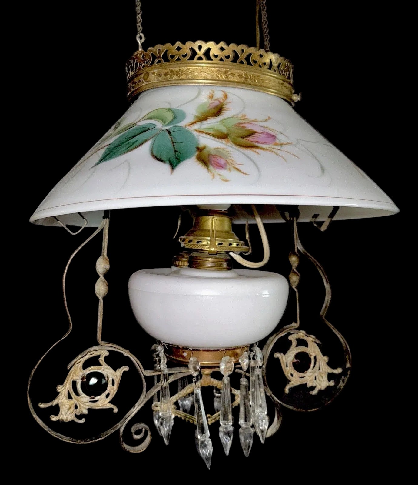 Antique Hanging Oil Lamp w/ Jeweled & Embossed Brass Frame Kerosene Burner - AntiquesEtceteraAntique Hanging Oil Lamp w/ Jeweled & Embossed Brass Frame Kerosene BurnerAntique LightingAntiquesEtceteraAntiquesEtcetera