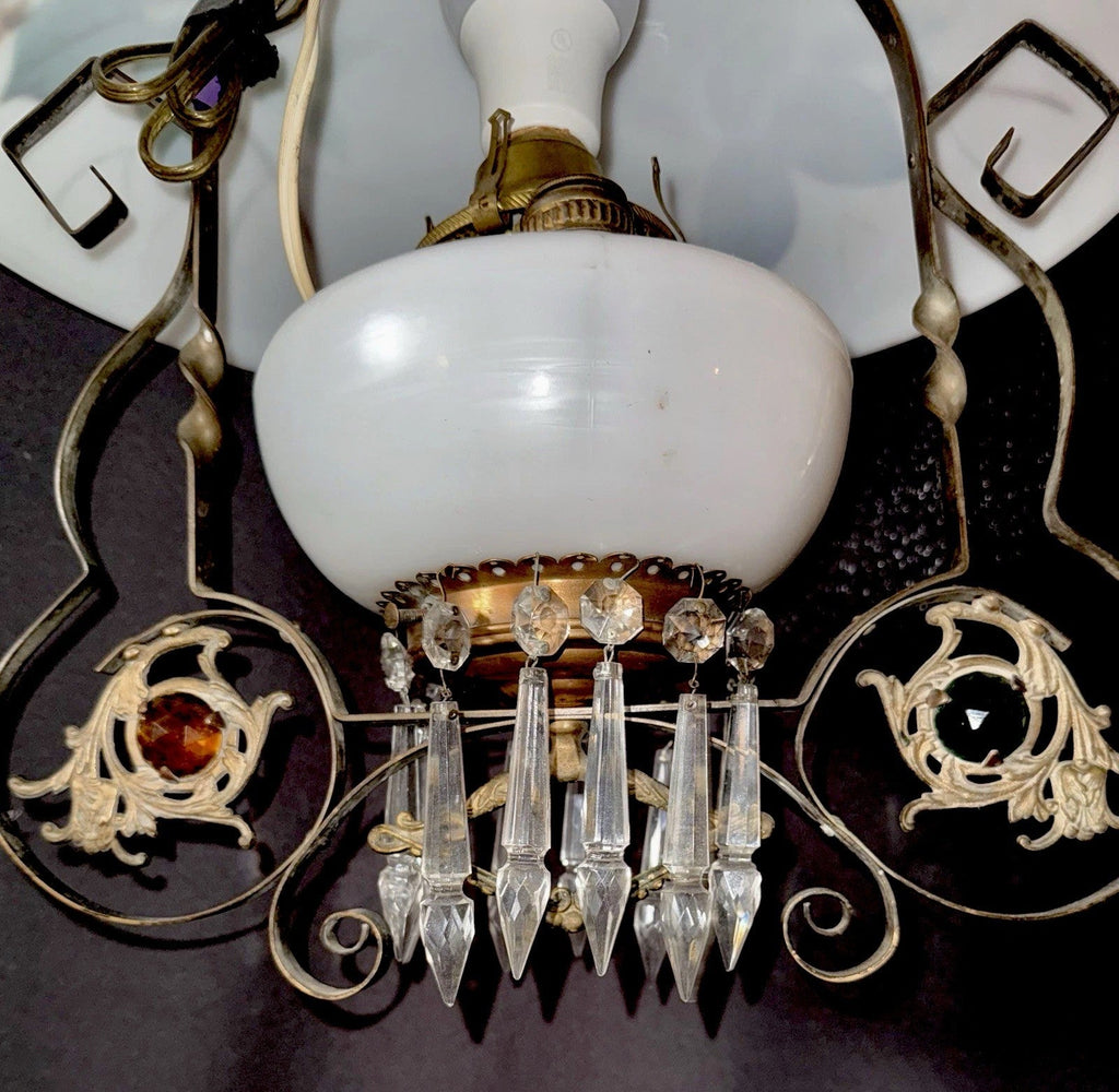 Antique Hanging Oil Lamp w/ Jeweled & Embossed Brass Frame Kerosene Burner - AntiquesEtceteraAntique Hanging Oil Lamp w/ Jeweled & Embossed Brass Frame Kerosene BurnerAntique LightingAntiquesEtceteraAntiquesEtcetera