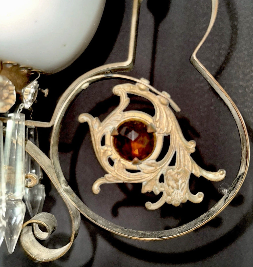 Antique Hanging Oil Lamp w/ Jeweled & Embossed Brass Frame Kerosene Burner - AntiquesEtceteraAntique Hanging Oil Lamp w/ Jeweled & Embossed Brass Frame Kerosene BurnerAntique LightingAntiquesEtceteraAntiquesEtcetera