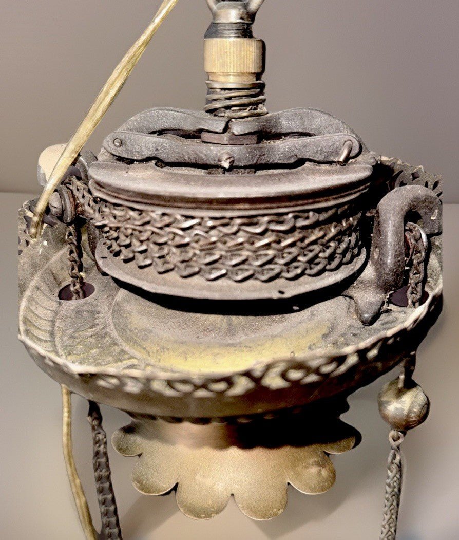 Antique Hanging Oil Lamp w/ Jeweled & Embossed Brass Frame Kerosene Burner - AntiquesEtceteraAntique Hanging Oil Lamp w/ Jeweled & Embossed Brass Frame Kerosene BurnerAntique LightingAntiquesEtceteraAntiquesEtcetera