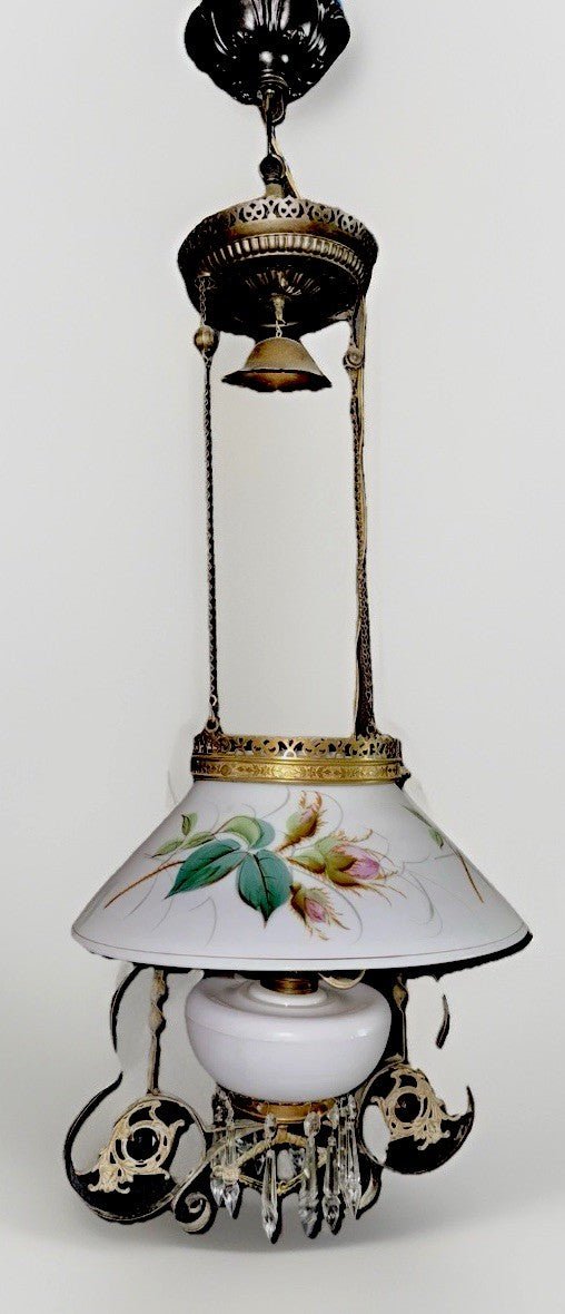 Antique Hanging Oil Lamp w/ Jeweled & Embossed Brass Frame Kerosene Burner - AntiquesEtceteraAntique Hanging Oil Lamp w/ Jeweled & Embossed Brass Frame Kerosene BurnerAntique LightingAntiquesEtceteraAntiquesEtcetera