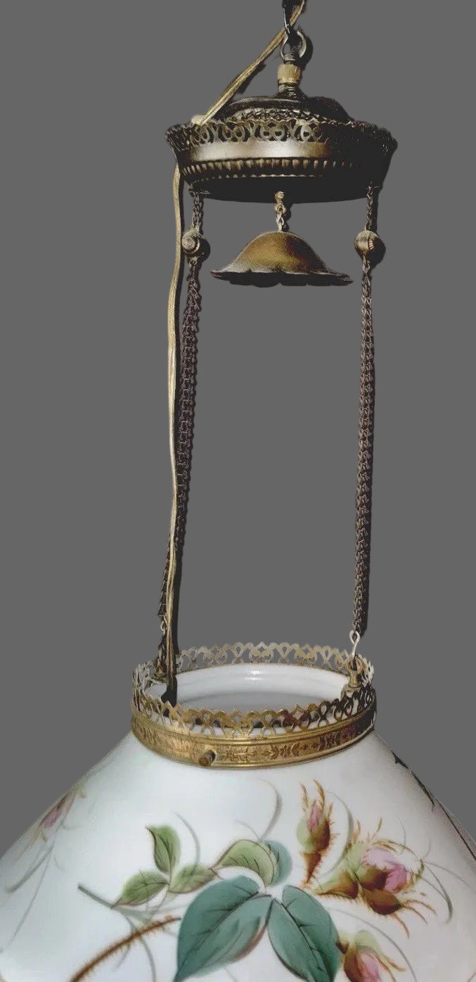 Antique Hanging Oil Lamp w/ Jeweled & Embossed Brass Frame Kerosene Burner - AntiquesEtceteraAntique Hanging Oil Lamp w/ Jeweled & Embossed Brass Frame Kerosene BurnerAntique LightingAntiquesEtceteraAntiquesEtcetera