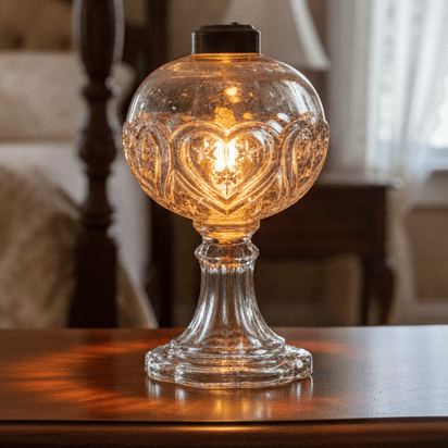 Antique Hearts and Stars EAPG Kerosene Oil Stand Lamp Glass THURO Bk 1, 145hAntiquesEtcetera