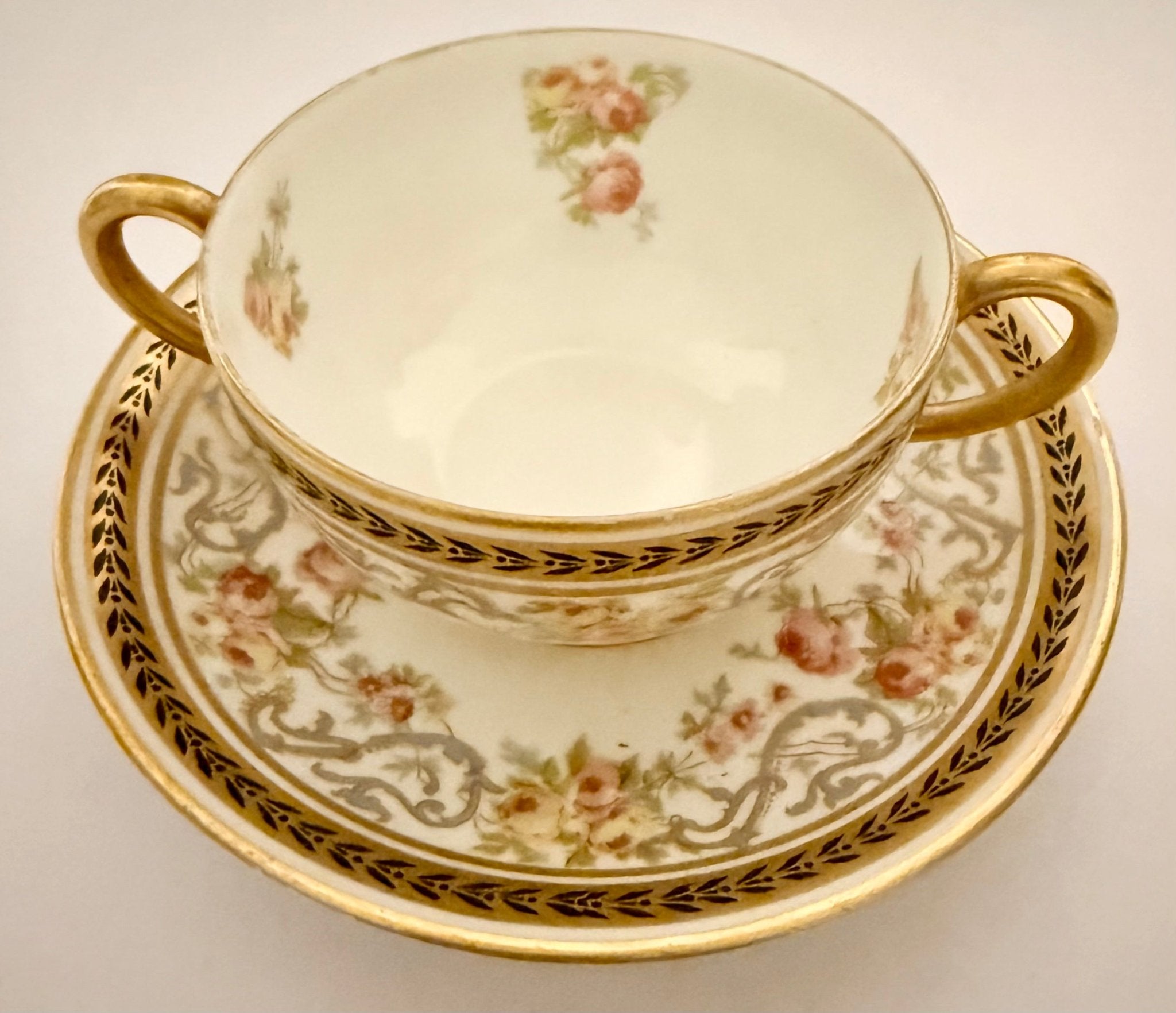 Antique Jean Pouyat Limoges France Bouillon Cup & Saucer Service for 12, Hand Decorated Roses & Gilt - AntiquesEtceteraAntique Jean Pouyat Limoges France Bouillon Cup & Saucer Service for 12, Hand Decorated Roses & GiltElegant / Collectible DinnerwareJean Pouyat LimogesAntiquesEtcetera