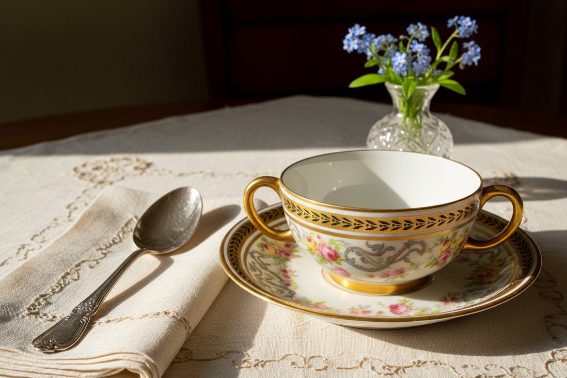 Antique Jean Pouyat Limoges France Bouillon Cup & Saucer Service for 12, Hand Decorated Roses & Gilt - AntiquesEtceteraAntique Jean Pouyat Limoges France Bouillon Cup & Saucer Service for 12, Hand Decorated Roses & GiltElegant / Collectible DinnerwareJean Pouyat LimogesAntiquesEtcetera