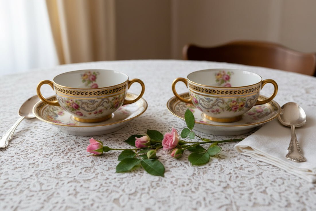Antique Jean Pouyat Limoges France Bouillon Cup & Saucer Service for 12, Hand Decorated Roses & Gilt - AntiquesEtceteraAntique Jean Pouyat Limoges France Bouillon Cup & Saucer Service for 12, Hand Decorated Roses & GiltElegant / Collectible DinnerwareJean Pouyat LimogesAntiquesEtcetera