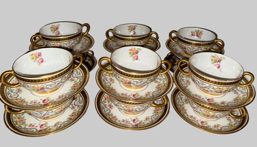 Antique Jean Pouyat Limoges France Bouillon Cup & Saucer Service for 12, Hand Decorated Roses & Gilt - AntiquesEtceteraAntique Jean Pouyat Limoges France Bouillon Cup & Saucer Service for 12, Hand Decorated Roses & GiltElegant / Collectible DinnerwareJean Pouyat LimogesAntiquesEtcetera