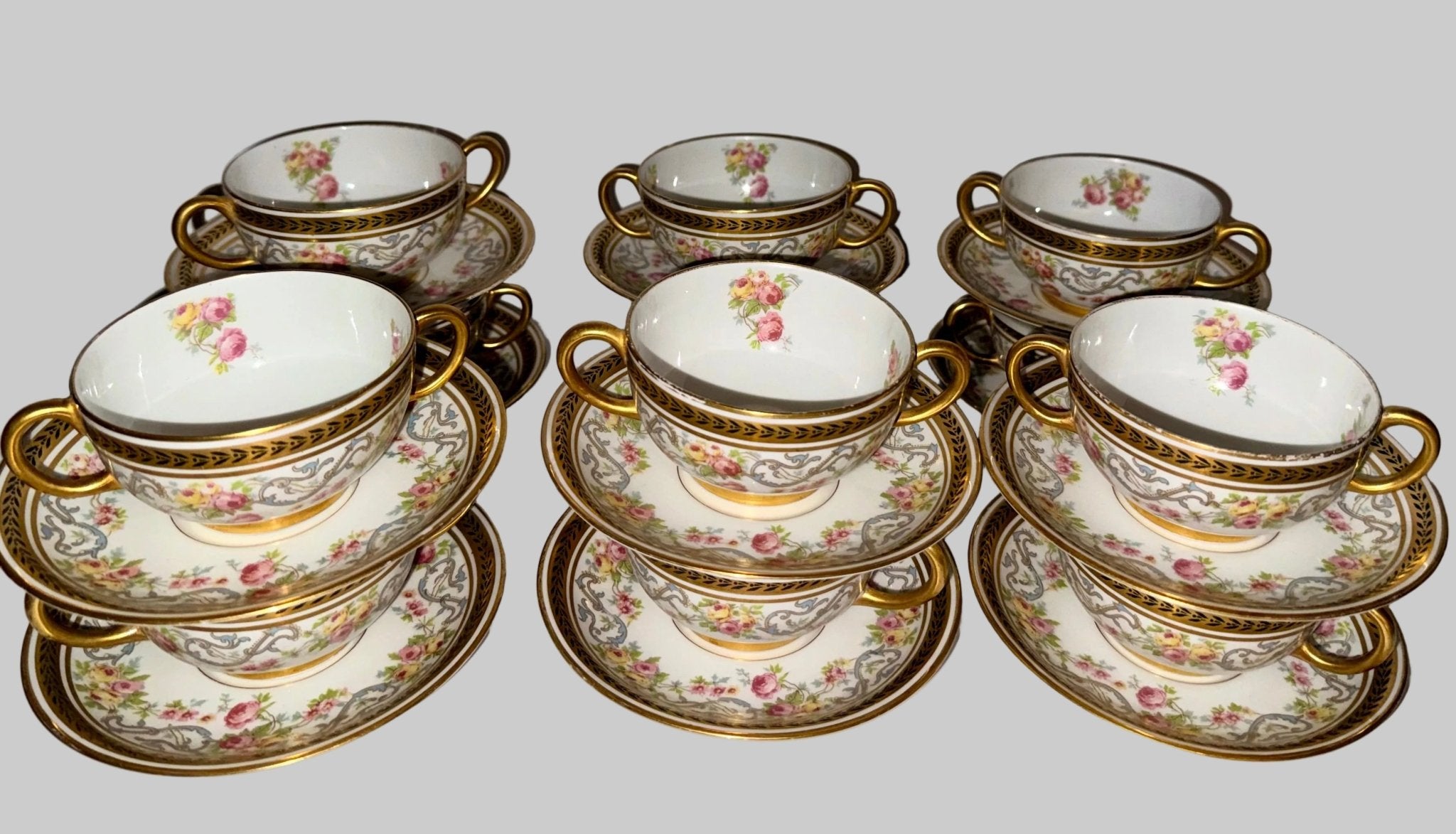 Antique Jean Pouyat Limoges France Bouillon Cup & Saucer Service for 12, Hand Decorated Roses & Gilt - AntiquesEtceteraAntique Jean Pouyat Limoges France Bouillon Cup & Saucer Service for 12, Hand Decorated Roses & GiltElegant / Collectible DinnerwareJean Pouyat LimogesAntiquesEtcetera