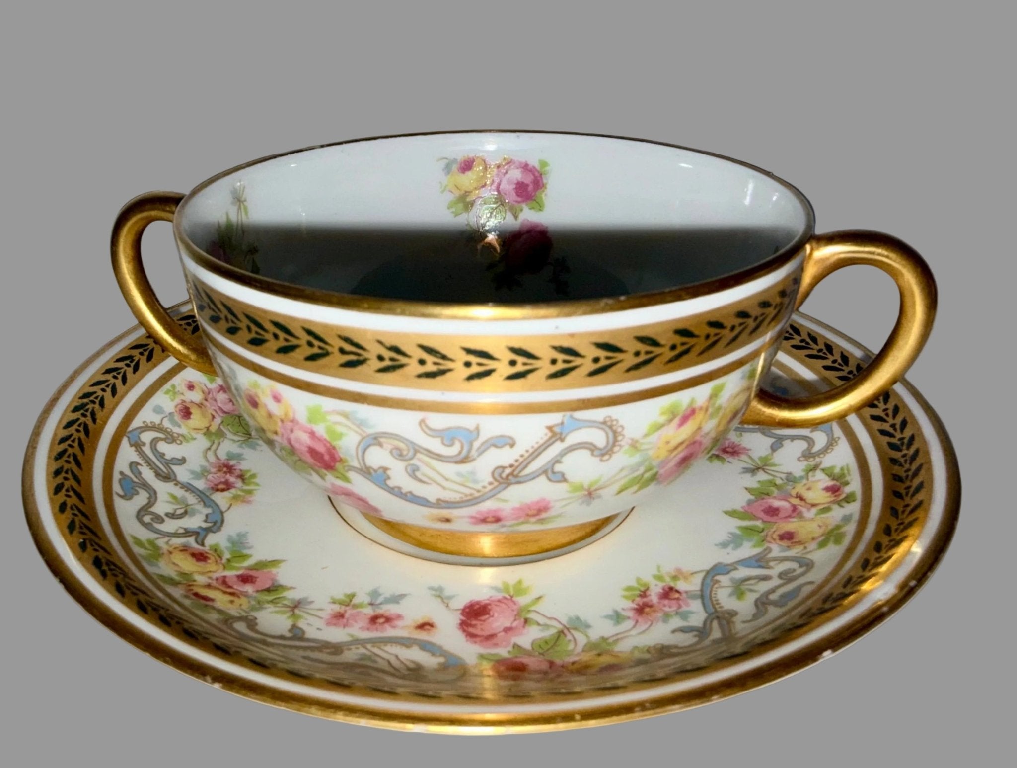 Antique Jean Pouyat Limoges France Bouillon Cup & Saucer Service for 12, Hand Decorated Roses & Gilt - AntiquesEtceteraAntique Jean Pouyat Limoges France Bouillon Cup & Saucer Service for 12, Hand Decorated Roses & GiltElegant / Collectible DinnerwareJean Pouyat LimogesAntiquesEtcetera