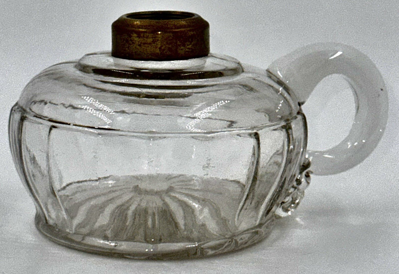 Antique Kerosene Oil Flat Hand Lamp 18 PANELS Rigoree Finger Loop Sunflower Base - AntiquesEtceteraAntique Kerosene Oil Flat Hand Lamp 18 PANELS Rigoree Finger Loop Sunflower BaseAntiqueAntiquesEtcetera