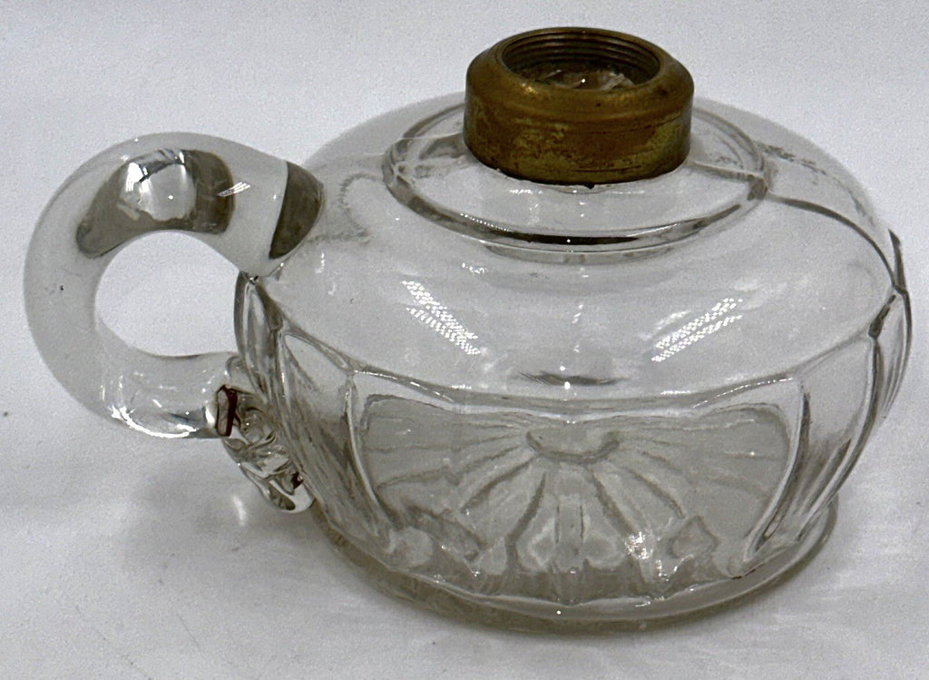 Antique Kerosene Oil Flat Hand Lamp 18 PANELS Rigoree Finger Loop Sunflower Base - AntiquesEtceteraAntique Kerosene Oil Flat Hand Lamp 18 PANELS Rigoree Finger Loop Sunflower BaseAntiqueAntiquesEtcetera