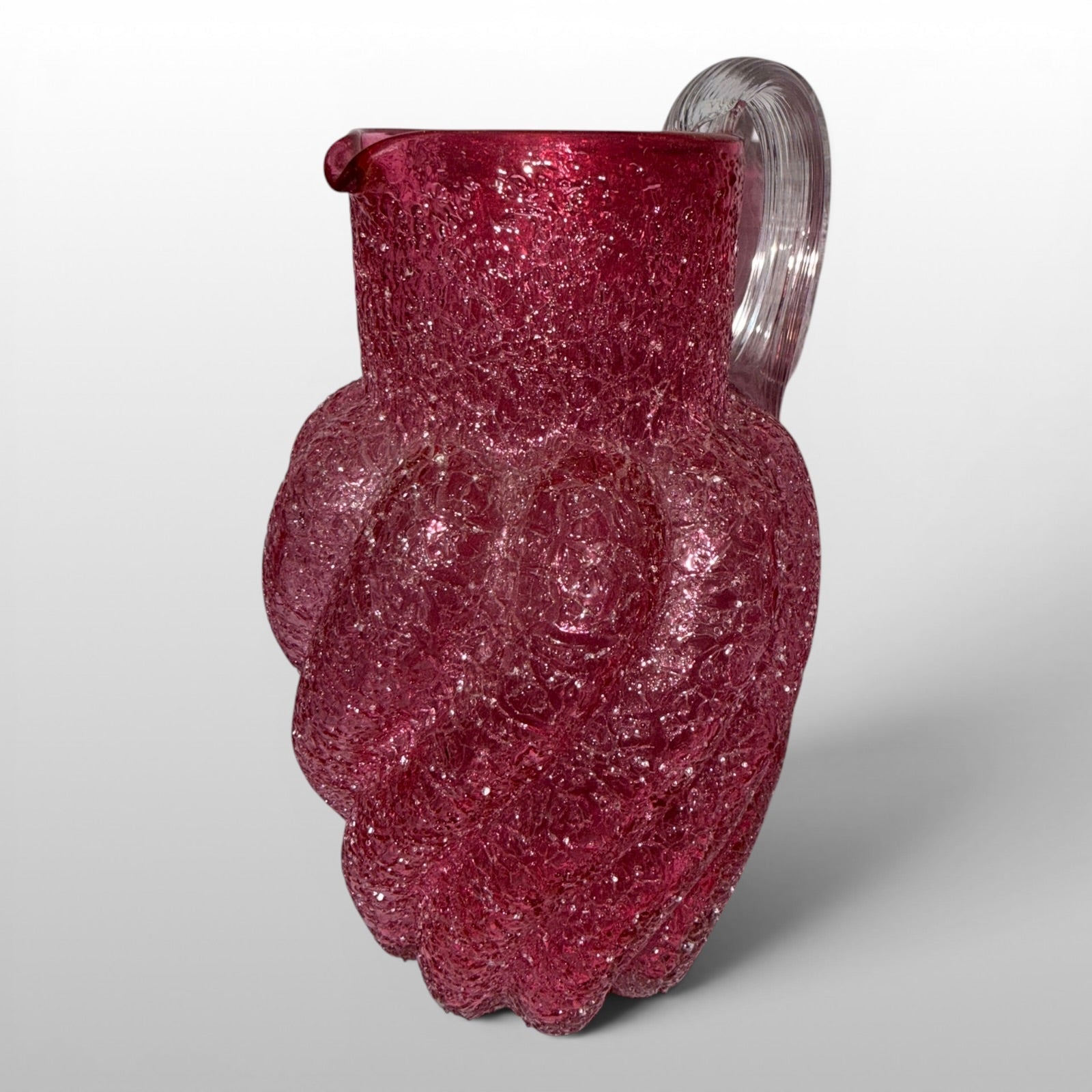 Antique Overshot Glass Pitcher, Swirl Molded with Applied Arched Reeded HandleAntiquesEtcetera