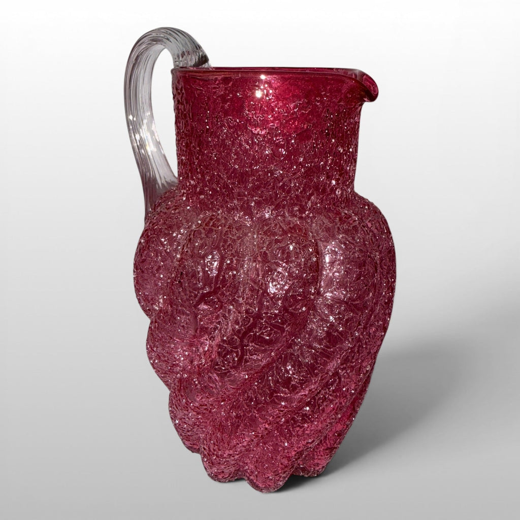 Antique Overshot Glass Pitcher, Swirl Molded with Applied Arched Reeded HandleAntiquesEtcetera