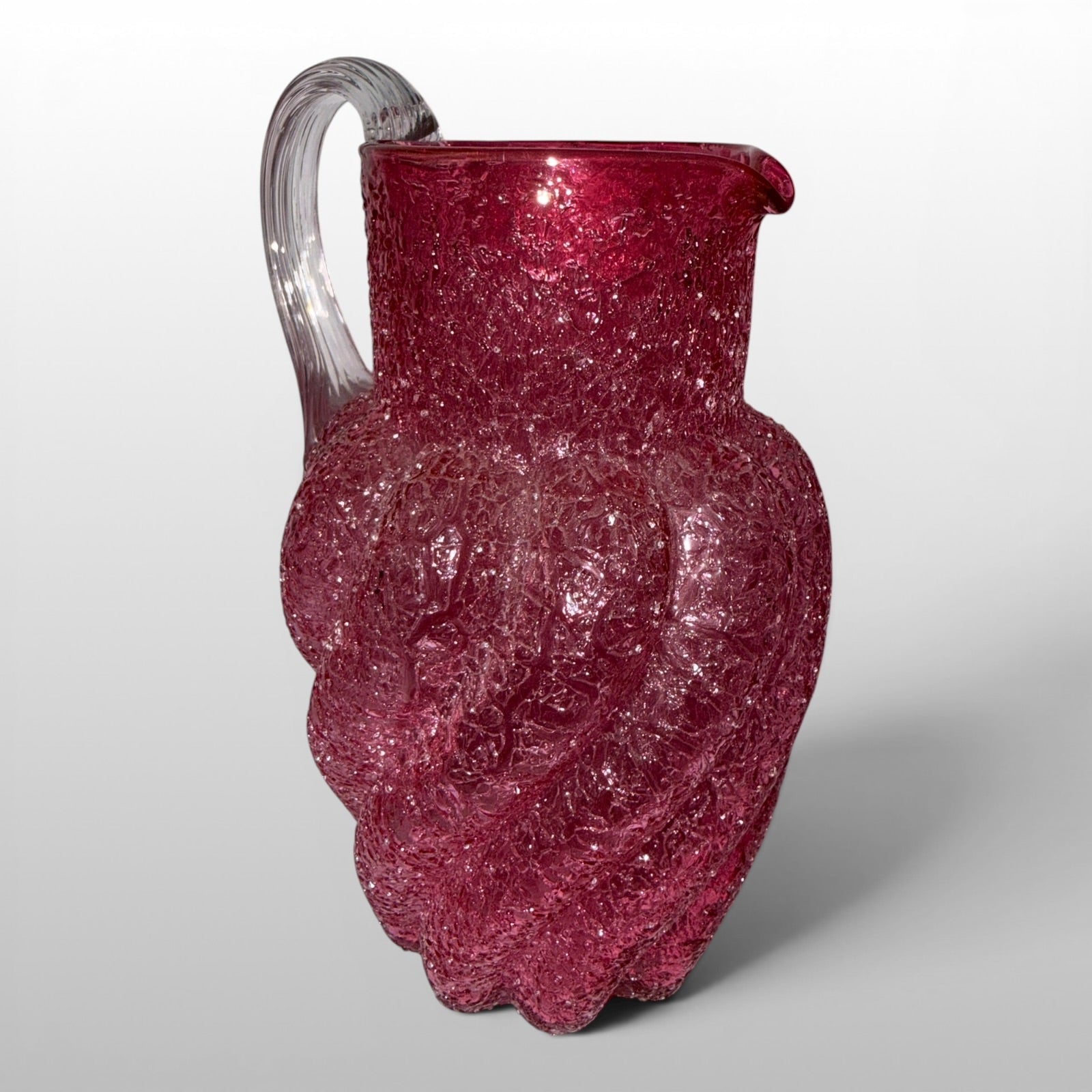 Antique Overshot Glass Pitcher, Swirl Molded with Applied Arched Reeded HandleAntiquesEtcetera