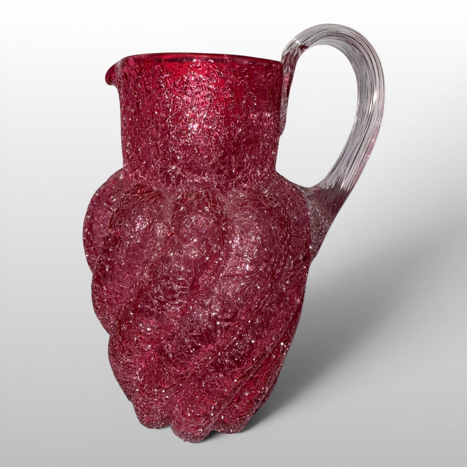 Antique Overshot Glass Pitcher, Swirl Molded with Applied Arched Reeded HandleAntiquesEtcetera