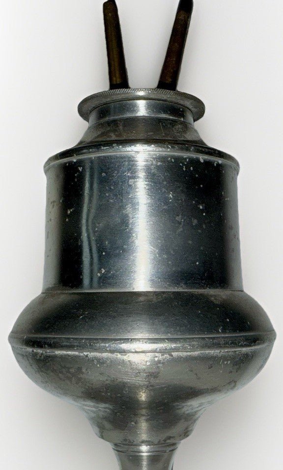 Antique Pewter Double Tube Whale Oil Lamp w/ Burner & Drip Well Base 1800s - AntiquesEtceteraAntique Pewter Double Tube Whale Oil Lamp w/ Burner & Drip Well Base 1800sAntique LightingAntiquesEtceteraAntiquesEtcetera
