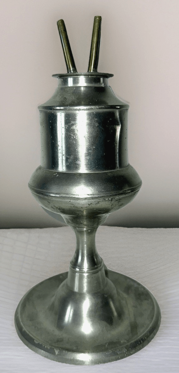Antique Pewter Double Tube Whale Oil Lamp w/ Burner & Drip Well Base 1800s - AntiquesEtceteraAntique Pewter Double Tube Whale Oil Lamp w/ Burner & Drip Well Base 1800sAntique LightingAntiquesEtceteraAntiquesEtcetera