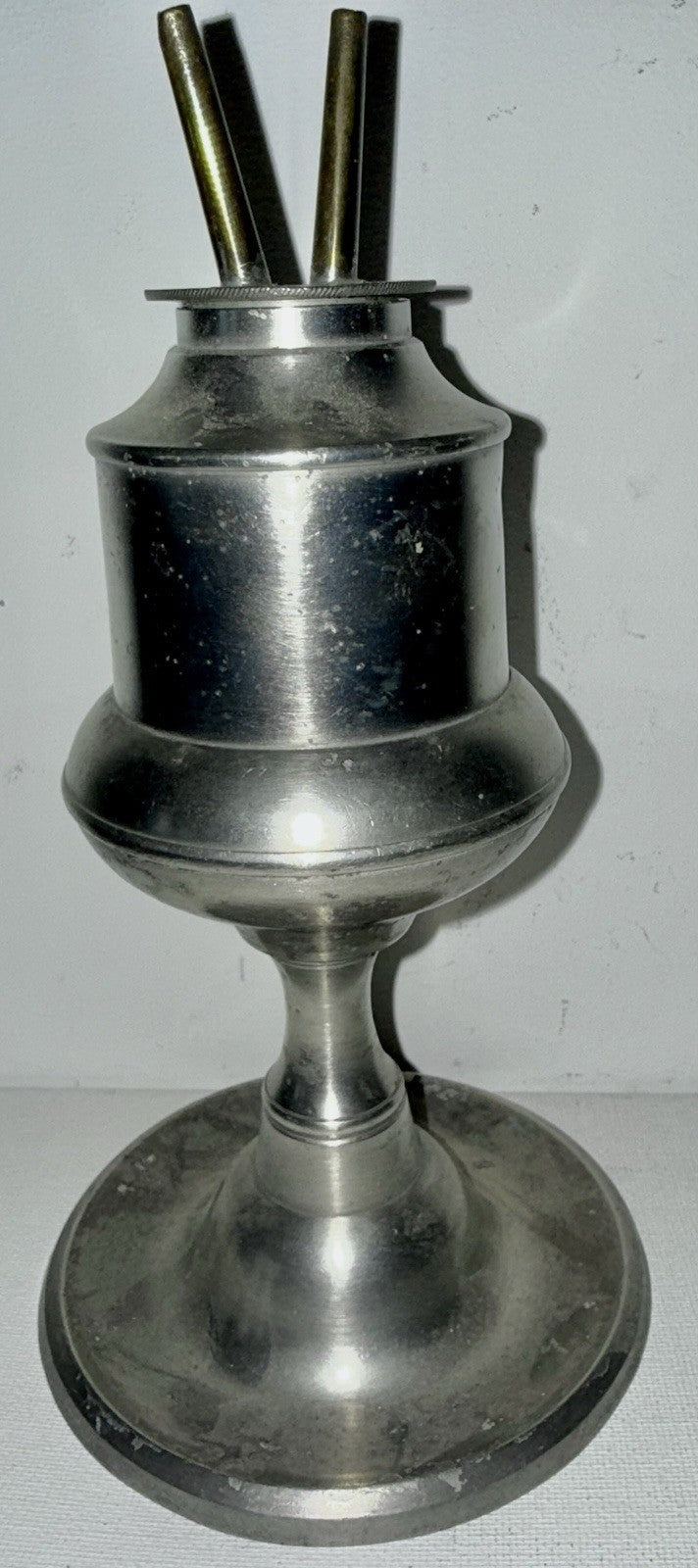Antique Pewter Double Tube Whale Oil Lamp w/ Burner & Drip Well Base 1800s - AntiquesEtceteraAntique Pewter Double Tube Whale Oil Lamp w/ Burner & Drip Well Base 1800sAntique LightingAntiquesEtceteraAntiquesEtcetera