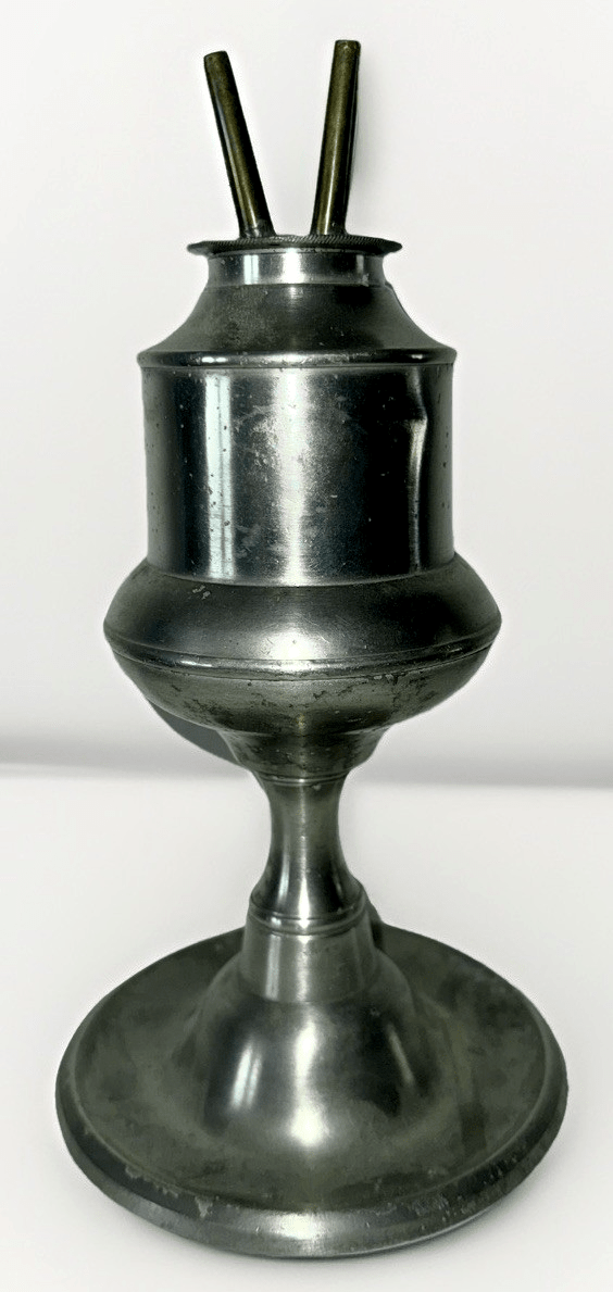 Antique Pewter Double Tube Whale Oil Lamp w/ Burner & Drip Well Base 1800s - AntiquesEtceteraAntique Pewter Double Tube Whale Oil Lamp w/ Burner & Drip Well Base 1800sAntique LightingAntiquesEtceteraAntiquesEtcetera