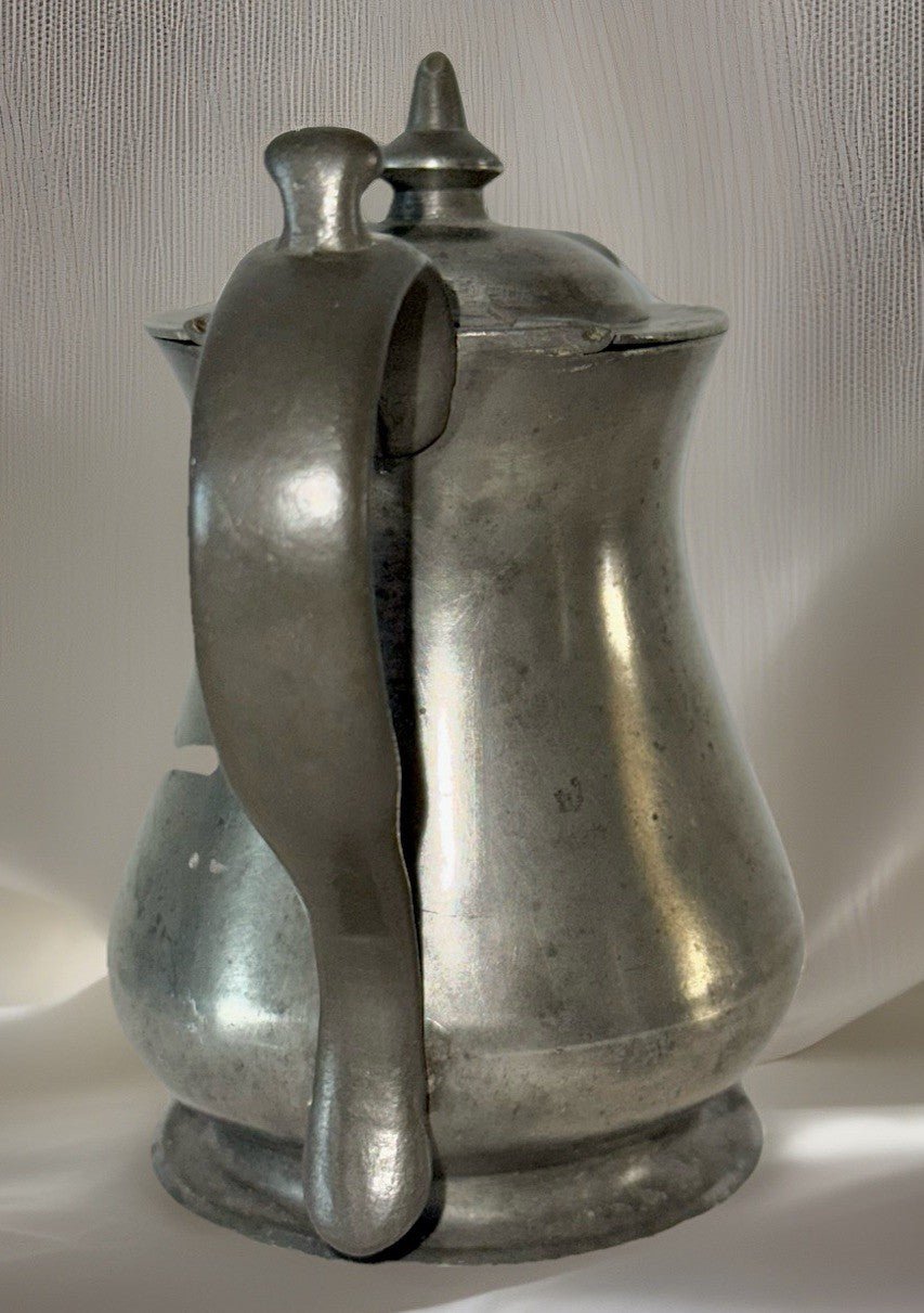 Antique Pewter Syrup Pitcher Hinged Lid Applied Handle "Zum Andenhen" Inscribed - AntiquesEtceteraAntique Pewter Syrup Pitcher Hinged Lid Applied Handle "Zum Andenhen" InscribedUnbrandedAntiquesEtcetera