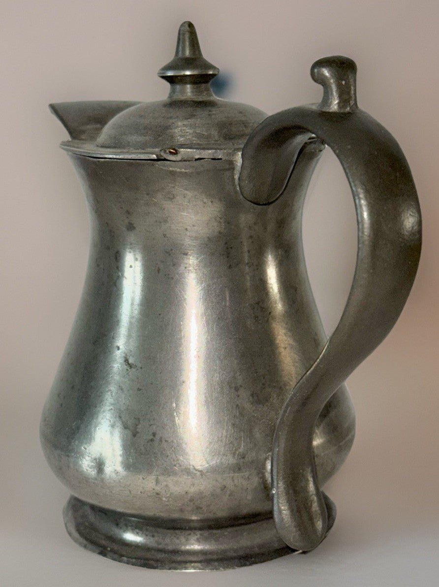 Antique Pewter Syrup Pitcher Hinged Lid Applied Handle "Zum Andenhen" Inscribed - AntiquesEtceteraAntique Pewter Syrup Pitcher Hinged Lid Applied Handle "Zum Andenhen" InscribedUnbrandedAntiquesEtcetera