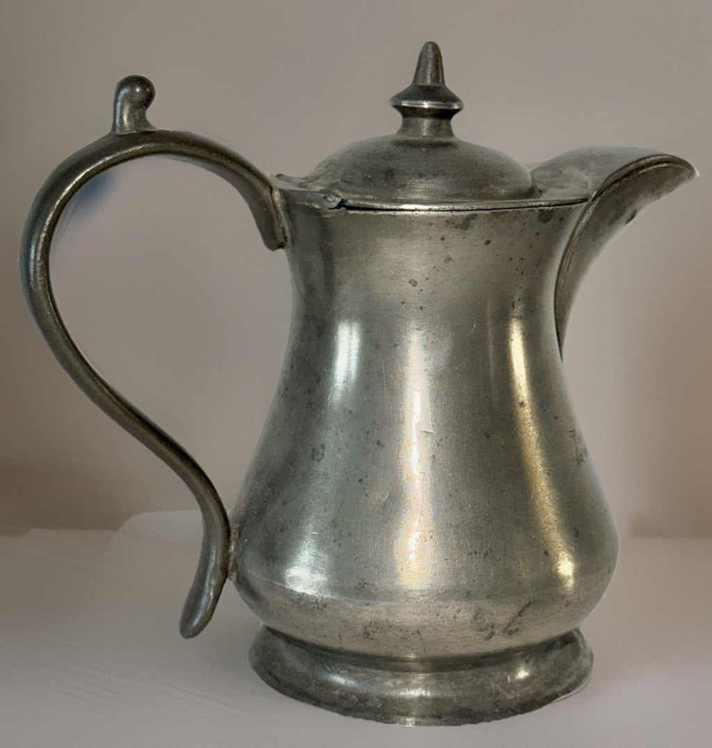 Antique Pewter Syrup Pitcher Hinged Lid Applied Handle "Zum Andenhen" Inscribed - AntiquesEtceteraAntique Pewter Syrup Pitcher Hinged Lid Applied Handle "Zum Andenhen" InscribedUnbrandedAntiquesEtcetera