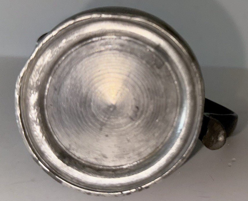 Antique Pewter Syrup Pitcher Hinged Lid Applied Handle "Zum Andenhen" Inscribed - AntiquesEtceteraAntique Pewter Syrup Pitcher Hinged Lid Applied Handle "Zum Andenhen" InscribedUnbrandedAntiquesEtcetera