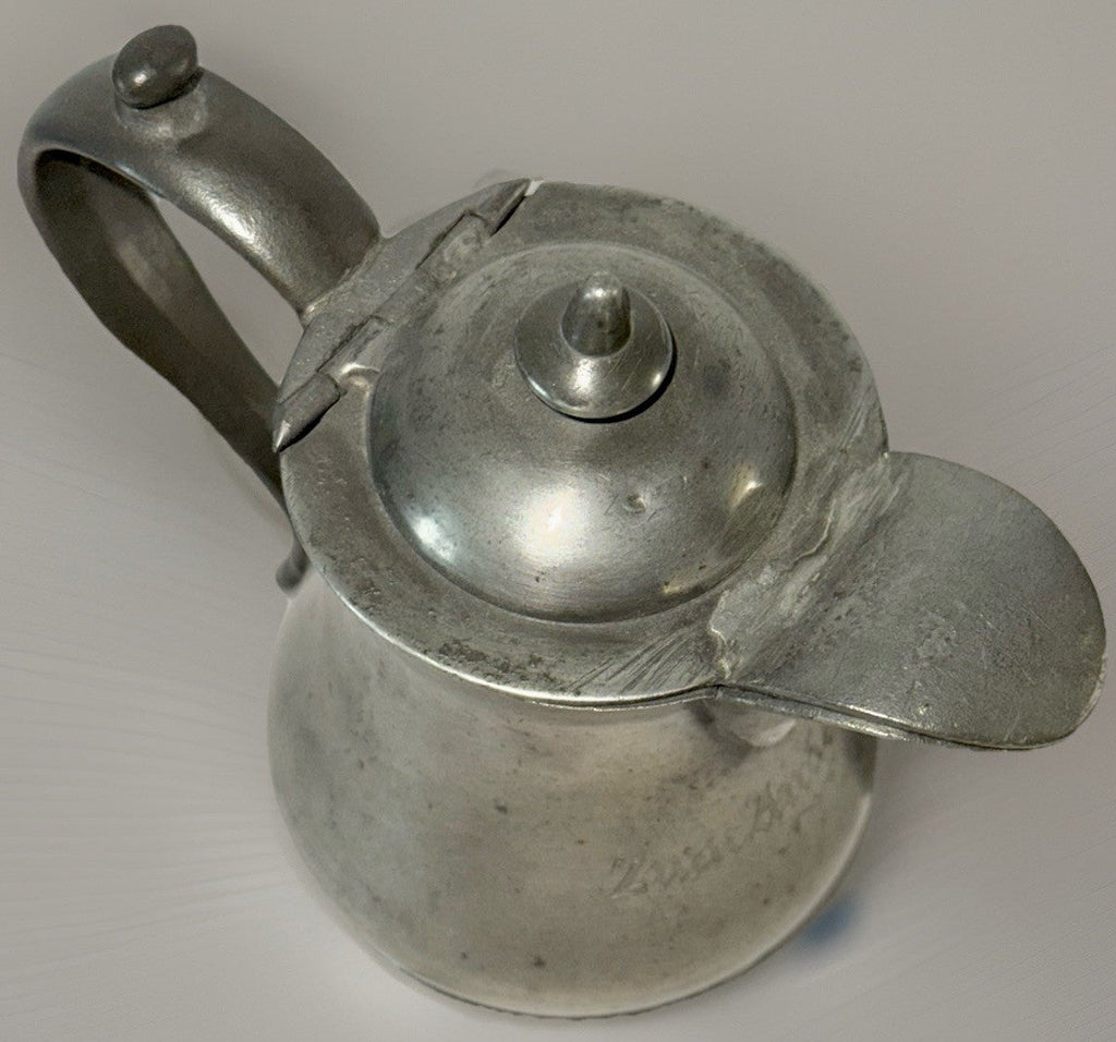 Antique Pewter Syrup Pitcher Hinged Lid Applied Handle "Zum Andenhen" Inscribed - AntiquesEtceteraAntique Pewter Syrup Pitcher Hinged Lid Applied Handle "Zum Andenhen" InscribedUnbrandedAntiquesEtcetera