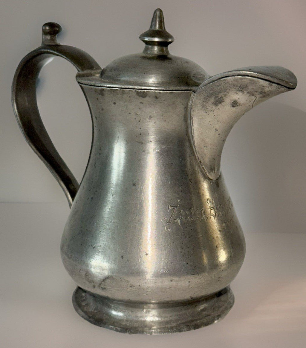 Antique Pewter Syrup Pitcher Hinged Lid Applied Handle "Zum Andenhen" Inscribed - AntiquesEtceteraAntique Pewter Syrup Pitcher Hinged Lid Applied Handle "Zum Andenhen" InscribedUnbrandedAntiquesEtcetera