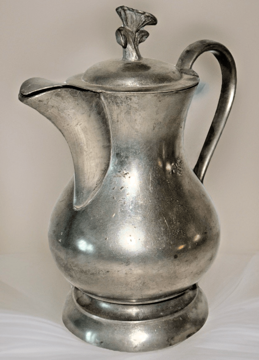 Antique Pewter Syrup Pitcher Hinged Lid with Morning Glory Finial Applied Handle - AntiquesEtceteraAntique Pewter Syrup Pitcher Hinged Lid with Morning Glory Finial Applied HandleUnbrandedAntiquesEtcetera