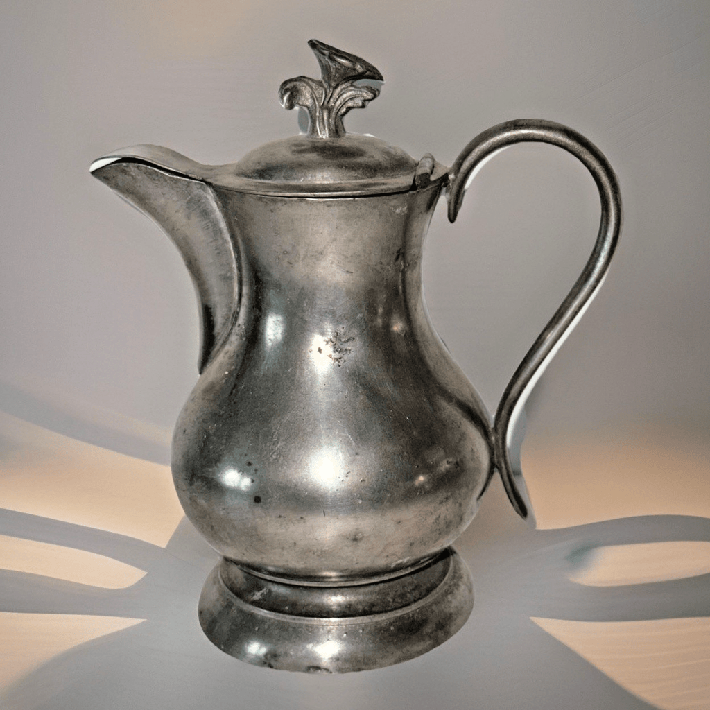 Antique Pewter Syrup Pitcher Hinged Lid with Morning Glory Finial Applied Handle - AntiquesEtceteraAntique Pewter Syrup Pitcher Hinged Lid with Morning Glory Finial Applied HandleUnbrandedAntiquesEtcetera