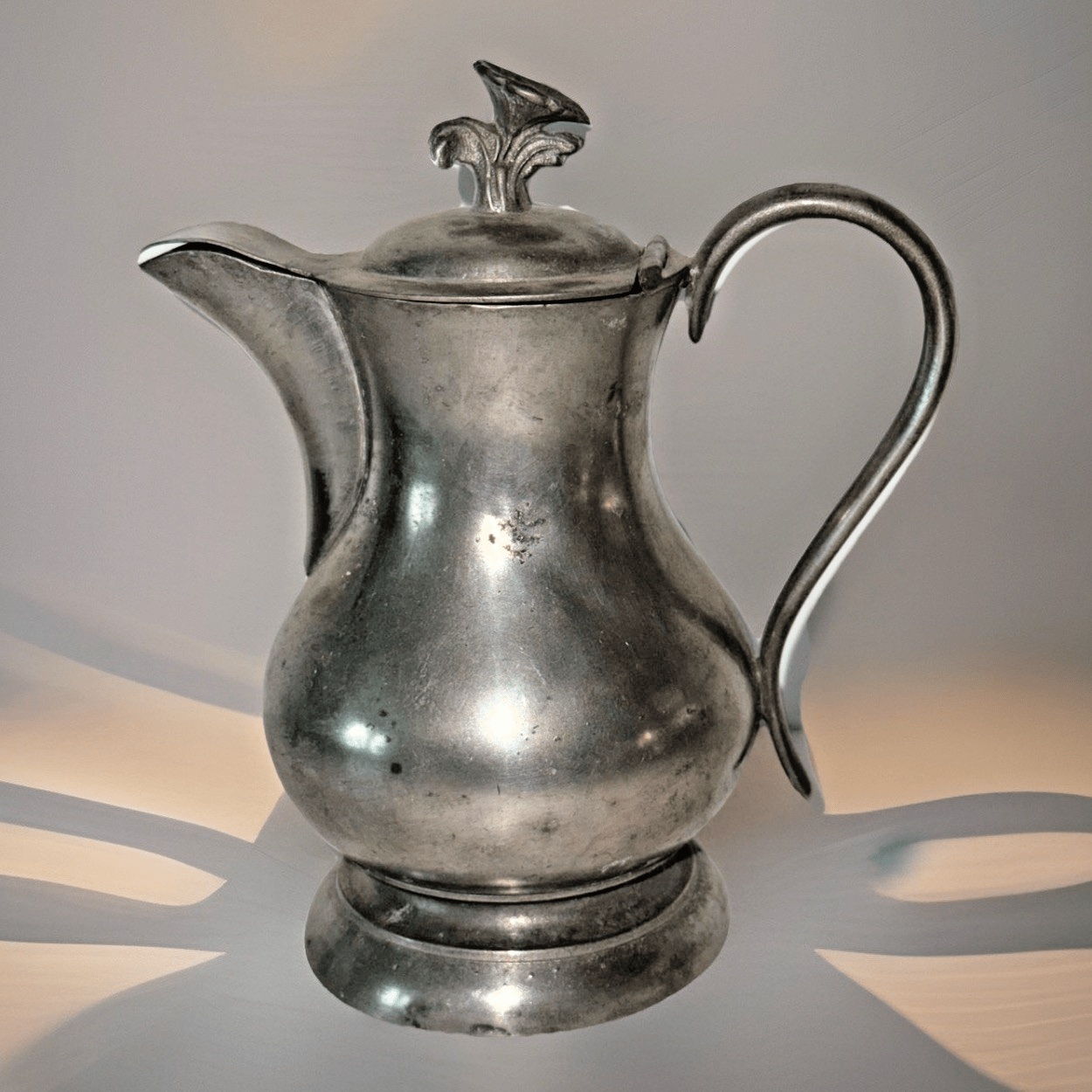 Antique Pewter Syrup Pitcher Hinged Lid with Morning Glory Finial Applied Handle - AntiquesEtceteraAntique Pewter Syrup Pitcher Hinged Lid with Morning Glory Finial Applied HandleUnbrandedAntiquesEtcetera