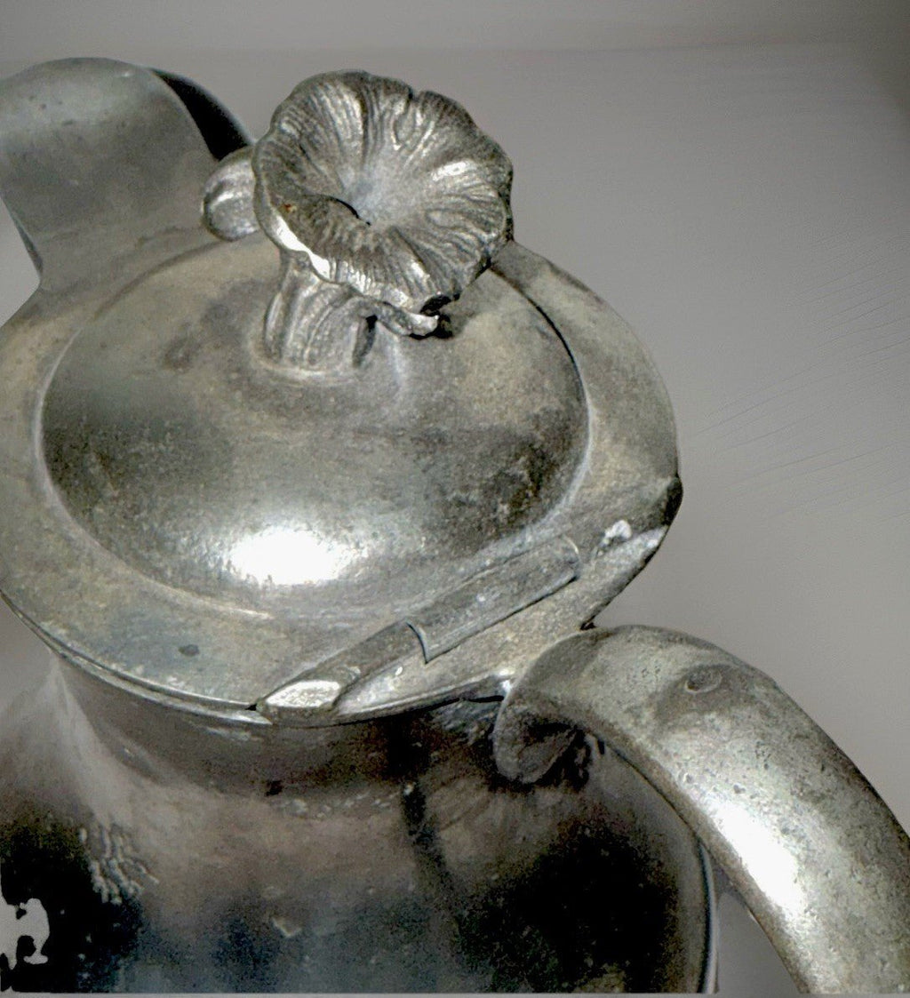 Antique Pewter Syrup Pitcher Hinged Lid with Morning Glory Finial Applied Handle - AntiquesEtceteraAntique Pewter Syrup Pitcher Hinged Lid with Morning Glory Finial Applied HandleUnbrandedAntiquesEtcetera