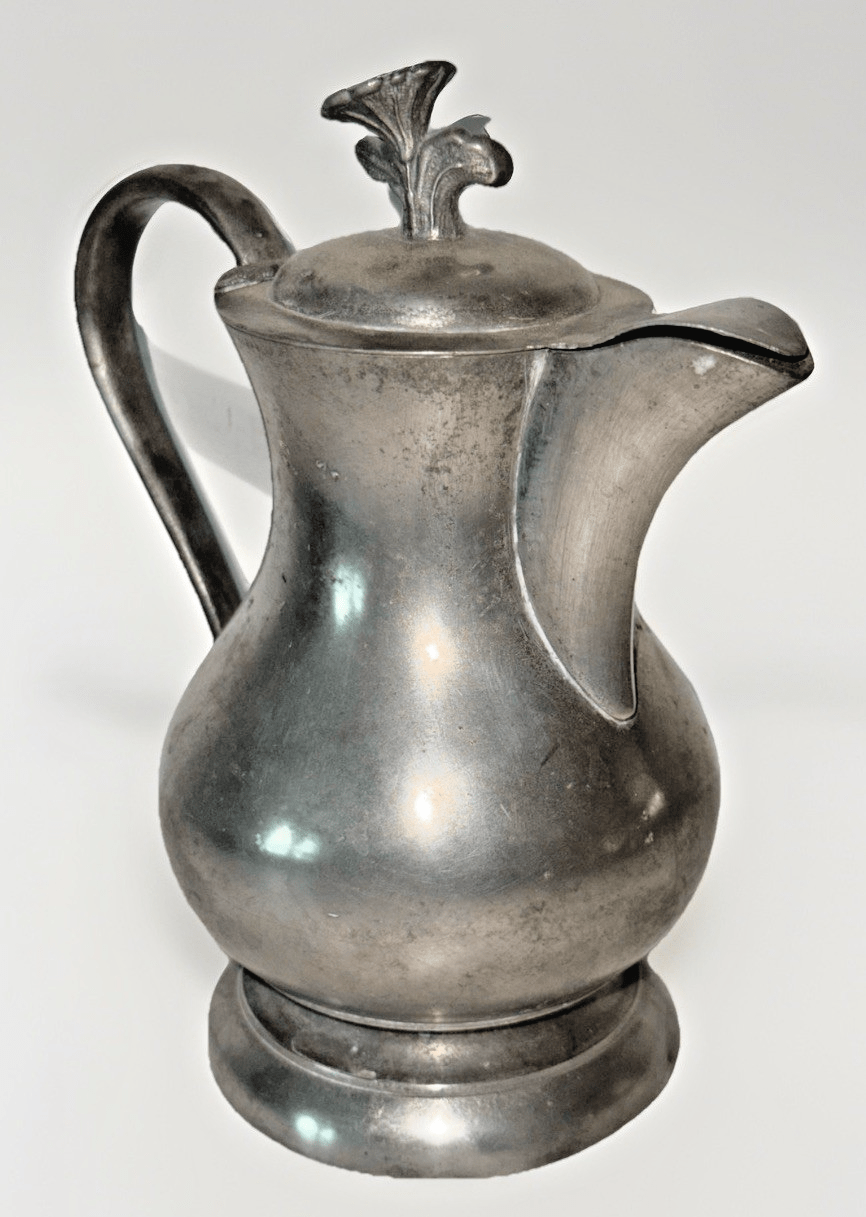 Antique Pewter Syrup Pitcher Hinged Lid with Morning Glory Finial Applied Handle - AntiquesEtceteraAntique Pewter Syrup Pitcher Hinged Lid with Morning Glory Finial Applied HandleUnbrandedAntiquesEtcetera