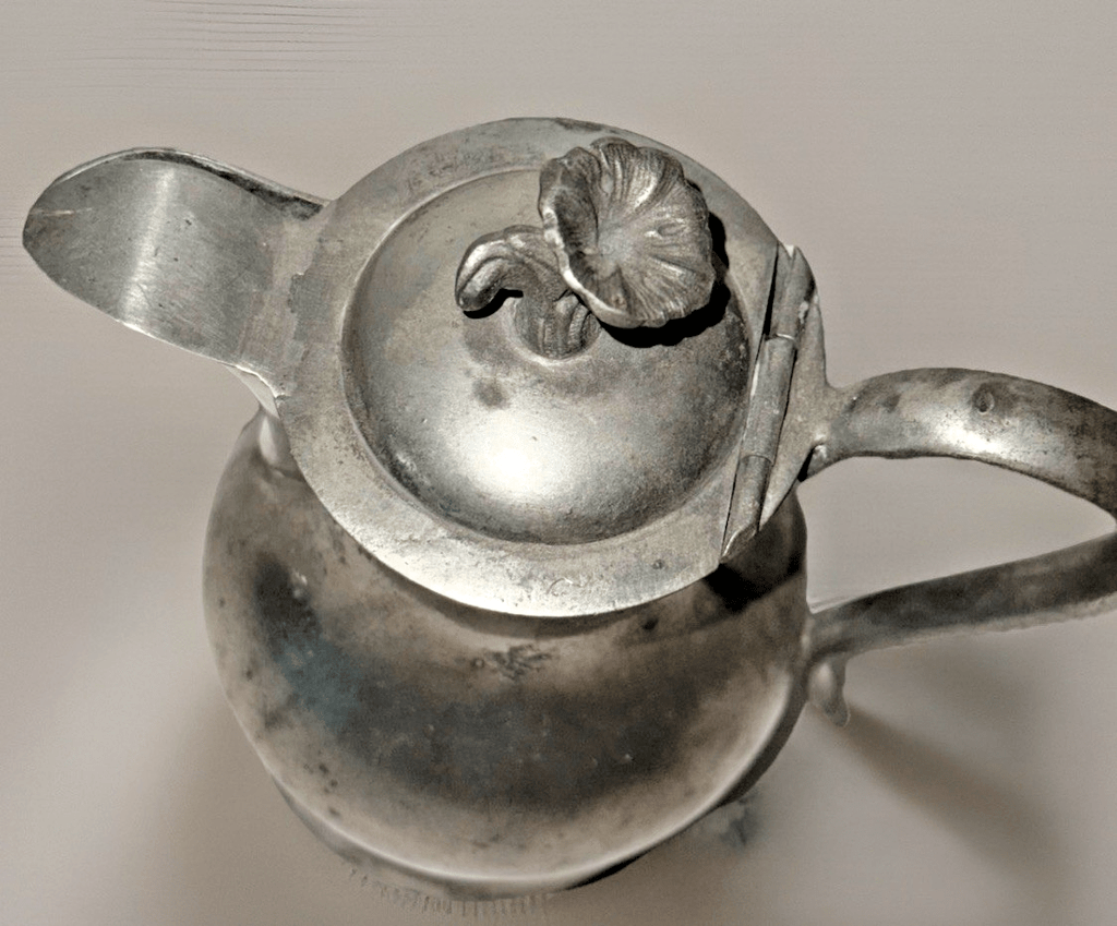 Antique Pewter Syrup Pitcher Hinged Lid with Morning Glory Finial Applied Handle - AntiquesEtceteraAntique Pewter Syrup Pitcher Hinged Lid with Morning Glory Finial Applied HandleUnbrandedAntiquesEtcetera