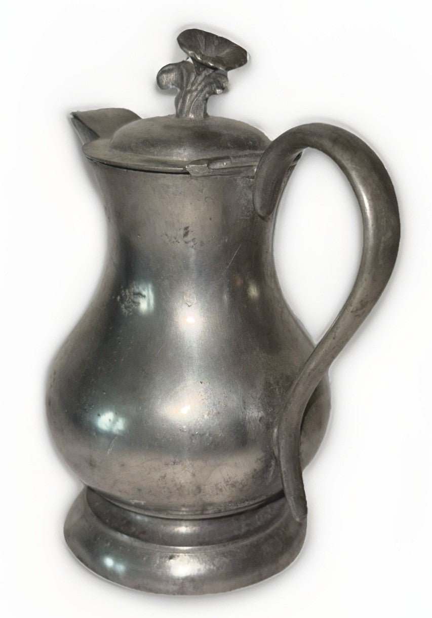 Antique Pewter Syrup Pitcher Hinged Lid with Morning Glory Finial Applied Handle - AntiquesEtceteraAntique Pewter Syrup Pitcher Hinged Lid with Morning Glory Finial Applied HandleUnbrandedAntiquesEtcetera