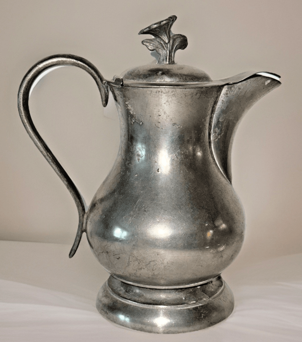 Antique Pewter Syrup Pitcher Hinged Lid with Morning Glory Finial Applied Handle - AntiquesEtceteraAntique Pewter Syrup Pitcher Hinged Lid with Morning Glory Finial Applied HandleUnbrandedAntiquesEtcetera