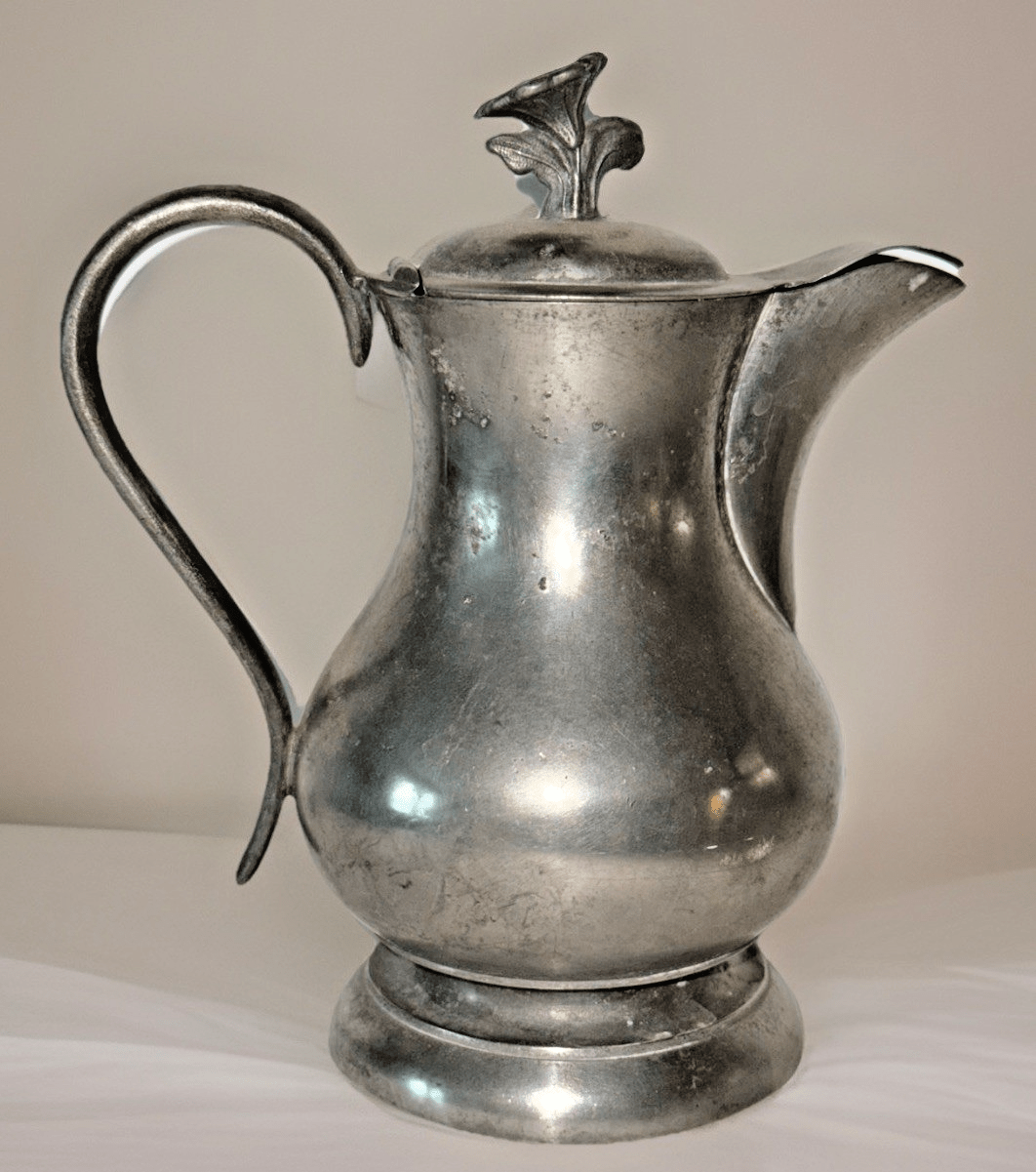Antique Pewter Syrup Pitcher Hinged Lid with Morning Glory Finial Applied Handle - AntiquesEtceteraAntique Pewter Syrup Pitcher Hinged Lid with Morning Glory Finial Applied HandleUnbrandedAntiquesEtcetera