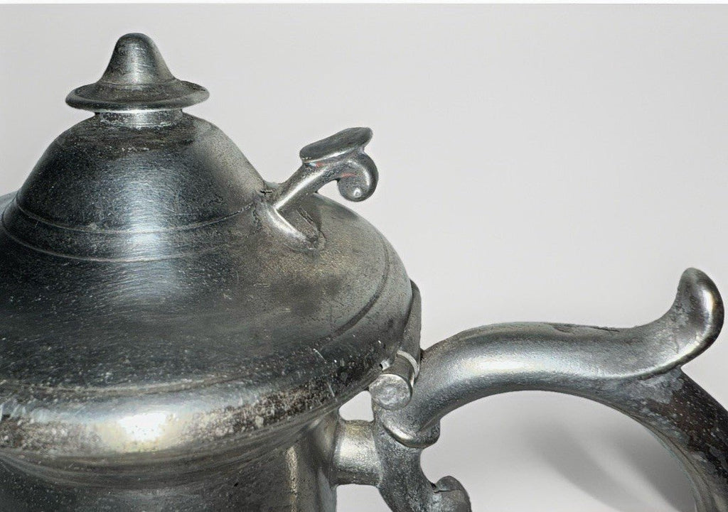 Antique Pewter Syrup Pitcher w/ Hinged Lid, Queen Anne Handle, Thumb Knob Lift - AntiquesEtceteraAntique Pewter Syrup Pitcher w/ Hinged Lid, Queen Anne Handle, Thumb Knob LiftAntique PewterAntiquesEtceteraAntiquesEtcetera
