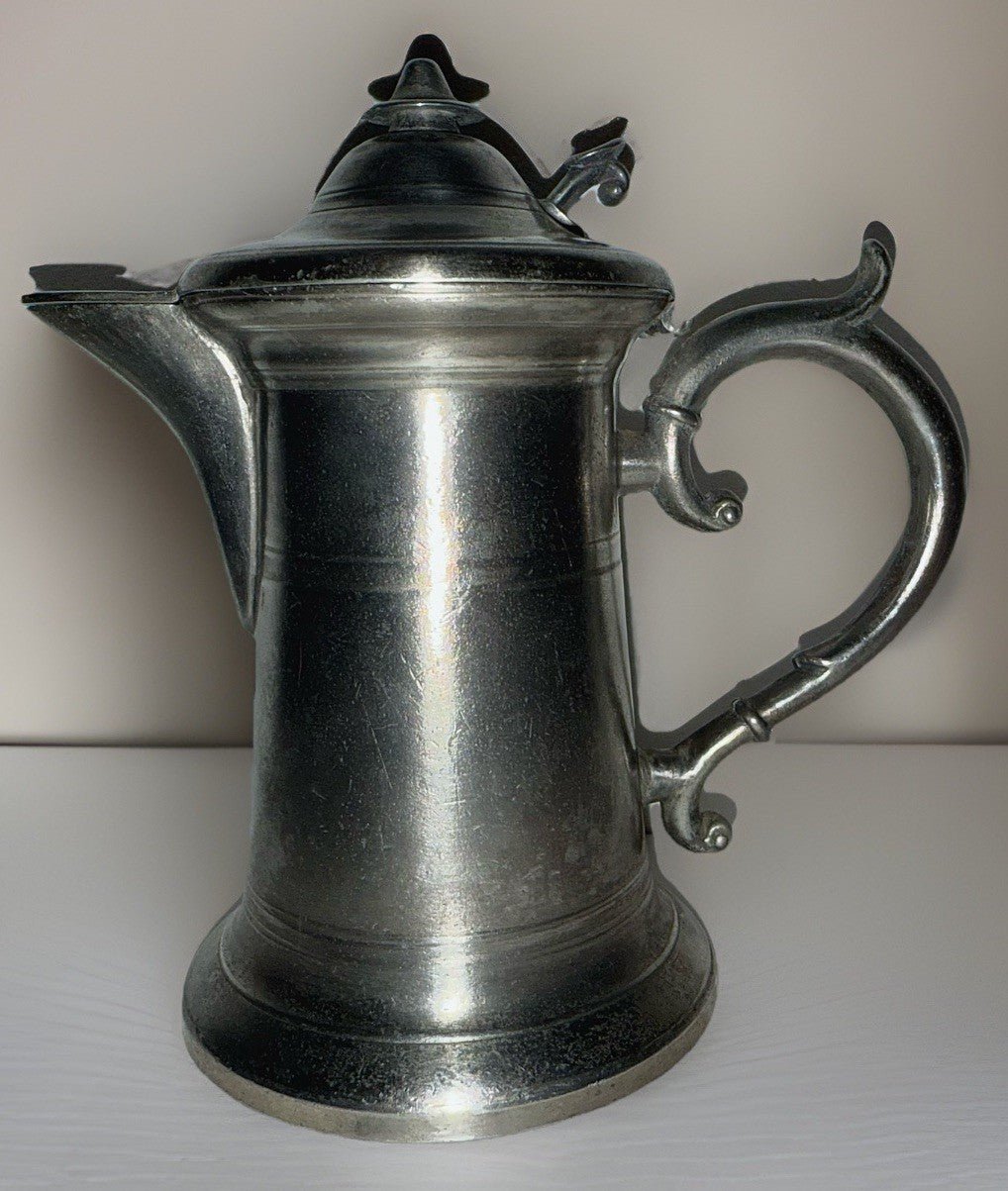 Antique Pewter Syrup Pitcher w/ Hinged Lid, Queen Anne Handle, Thumb Knob Lift - AntiquesEtceteraAntique Pewter Syrup Pitcher w/ Hinged Lid, Queen Anne Handle, Thumb Knob LiftAntique PewterAntiquesEtceteraAntiquesEtcetera