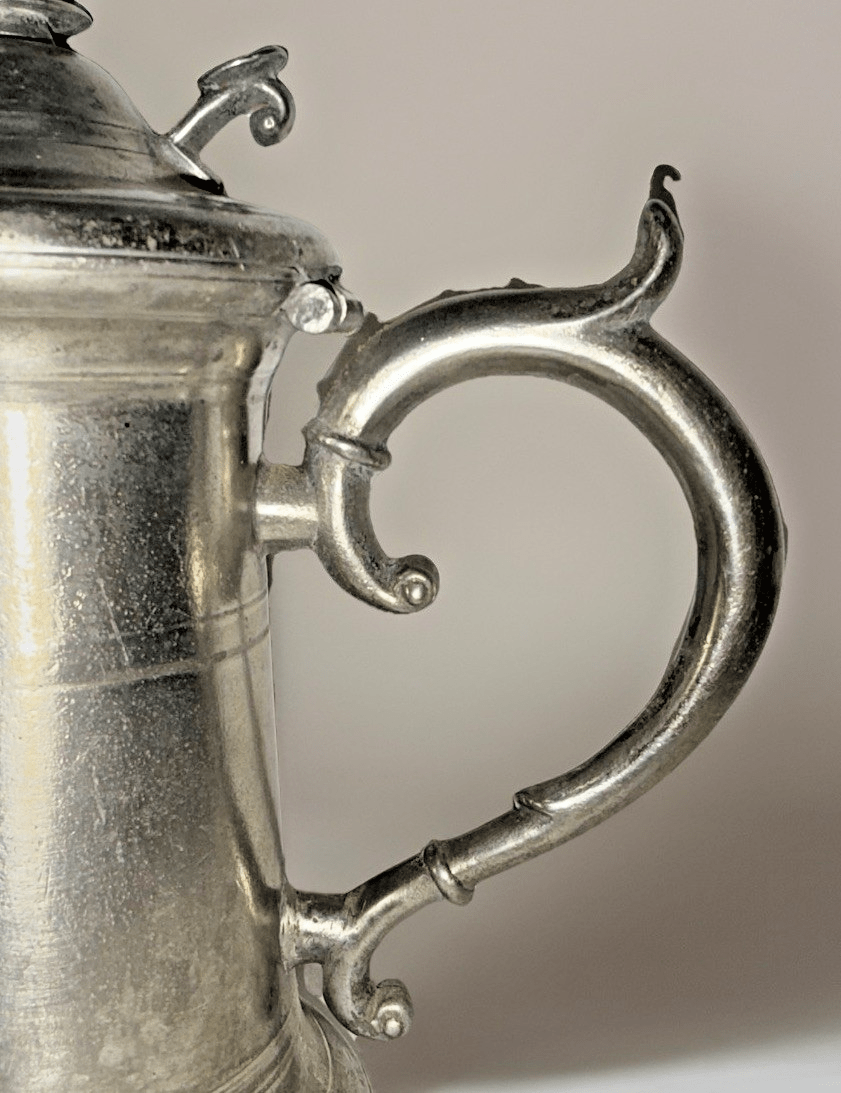 Antique Pewter Syrup Pitcher w/ Hinged Lid, Queen Anne Handle, Thumb Knob Lift - AntiquesEtceteraAntique Pewter Syrup Pitcher w/ Hinged Lid, Queen Anne Handle, Thumb Knob LiftAntique PewterAntiquesEtceteraAntiquesEtcetera